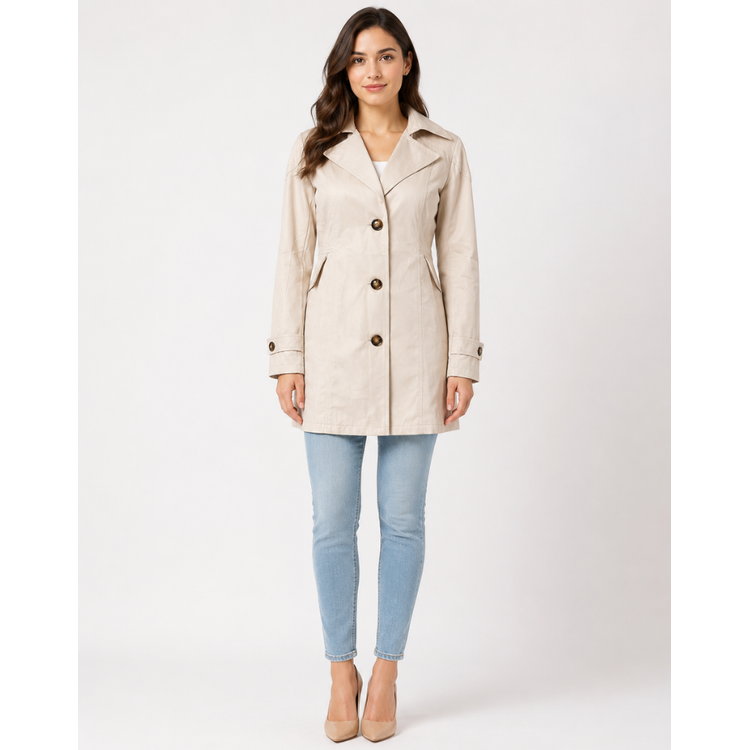Women's Classic Cropped Trench Coat with Notched Lapel and Button Cuffs - Image 5