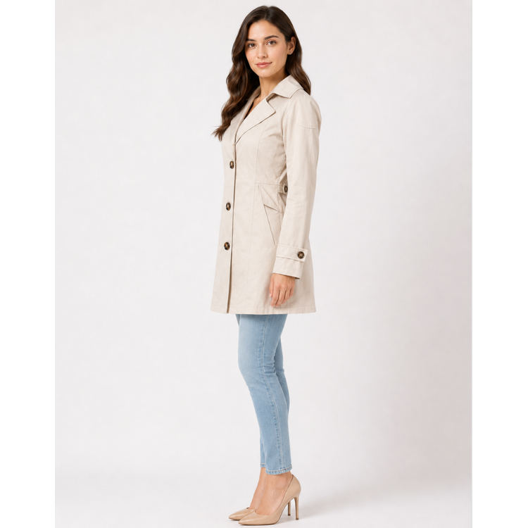 Women's Classic Cropped Trench Coat with Notched Lapel and Button Cuffs - Image 6