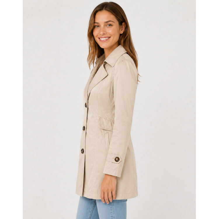 Women's Classic Cropped Trench Coat with Notched Lapel and Button Cuffs - Image 8
