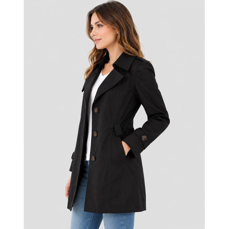 Women's Classic Cropped Trench Coat with Notched Lapel and Button Cuffs - Image 9