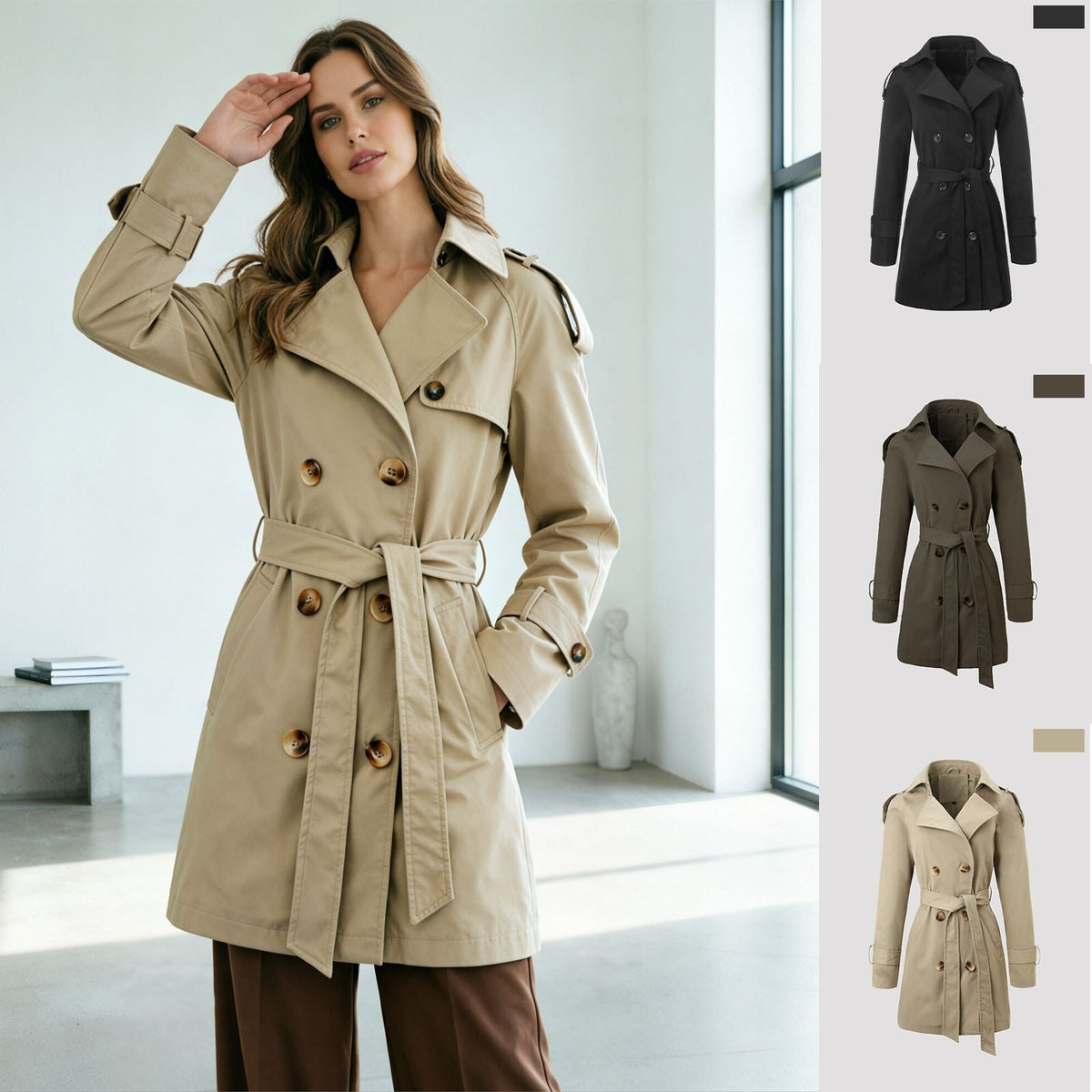 Women's Classic Double Breasted Mid Length Trench Coat with Belt - Image 4