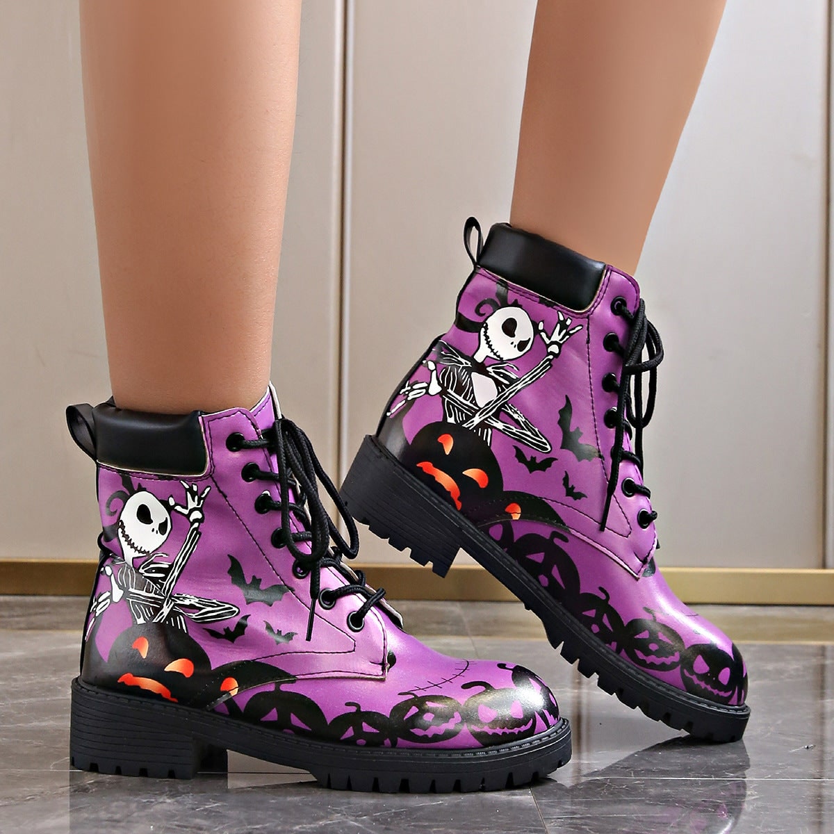 Women's Combat Boots Lace-Up Military Fold Over Halloween with Skeleton Print - Image 1