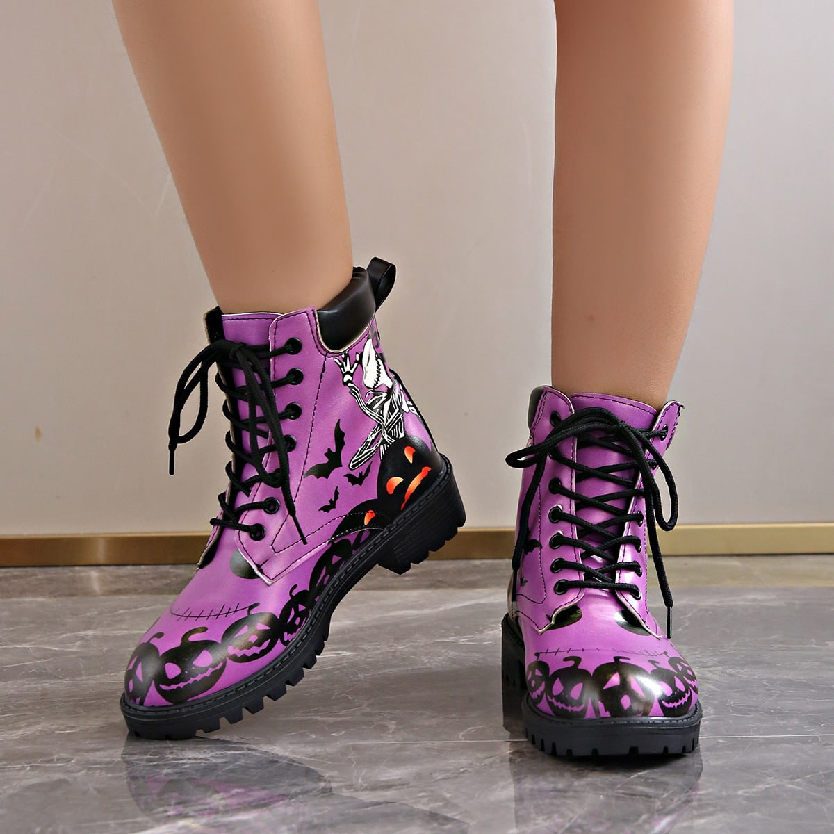 Women's Combat Boots Lace-Up Military Fold Over Halloween with Skeleton Print - Image 2