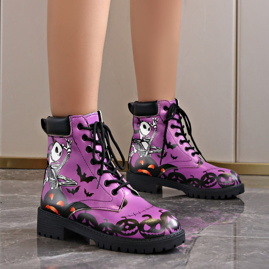 Women's Combat Boots Lace-Up Military Fold Over Halloween with Skeleton Print - Image 3