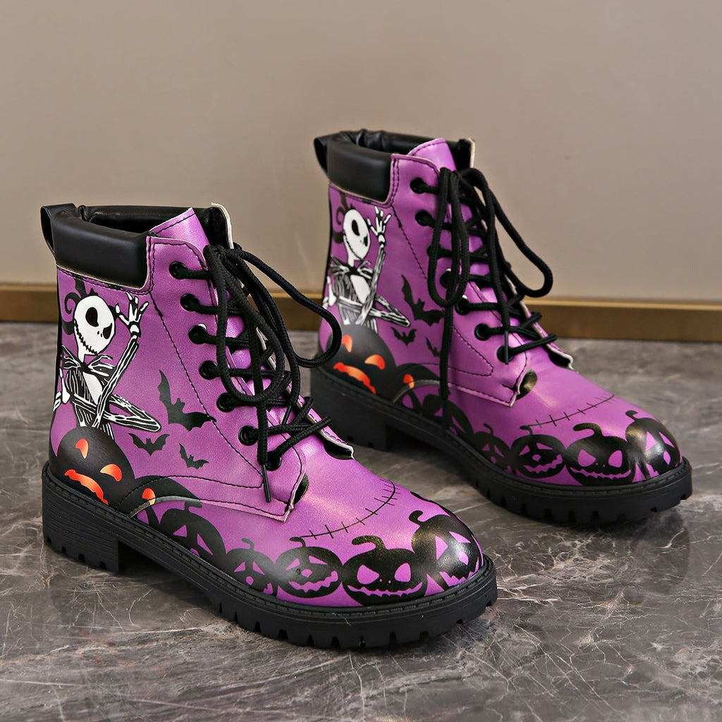 Women's Combat Boots Lace-Up Military Fold Over Halloween with Skeleton Print - Image 6
