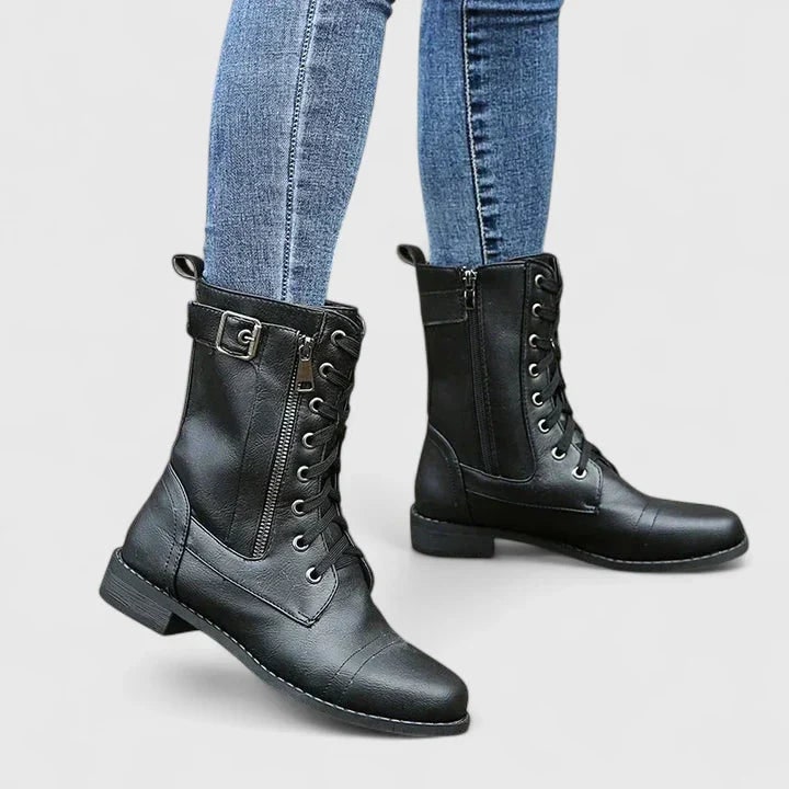 Women's Combat Boots Tall Walking Lace-Up with Side Zipper and Buckle Strap - Image 1