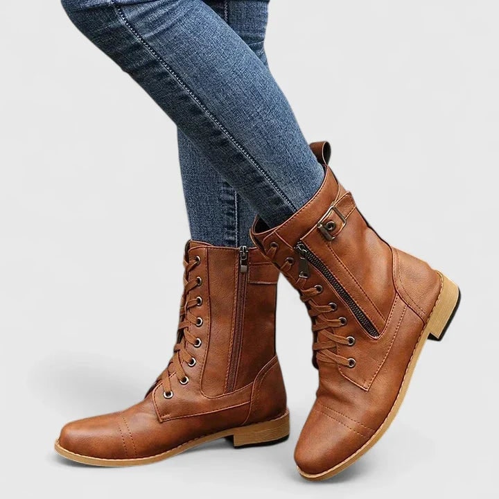 Women's Combat Boots Tall Walking Lace-Up with Side Zipper and Buckle Strap - Image 2