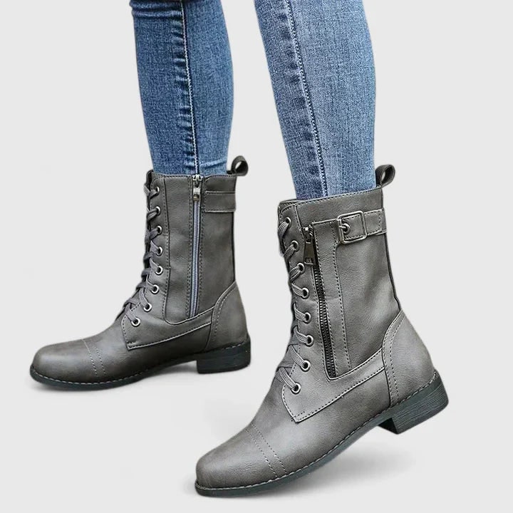 Women's Combat Boots Tall Walking Lace-Up with Side Zipper and Buckle Strap - Image 3
