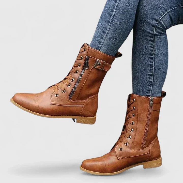 Women's Combat Boots Tall Walking Lace-Up with Side Zipper and Buckle Strap - Image 4