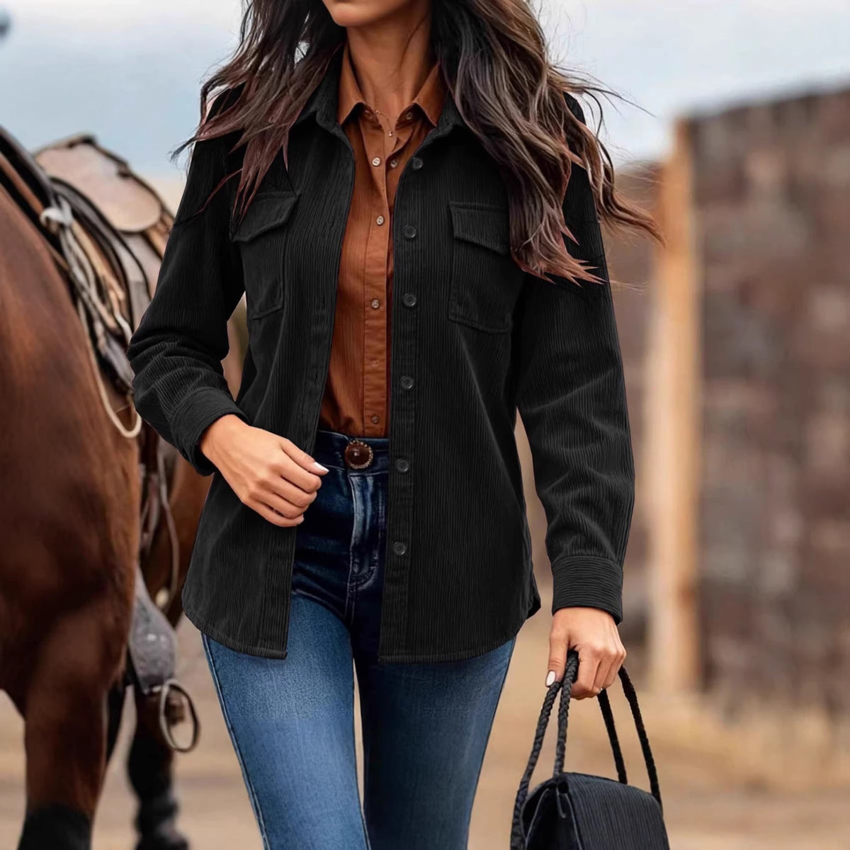 Women's Corduroy Shacket Button Down Shirt Jacket with Chest Pockets - Image 3