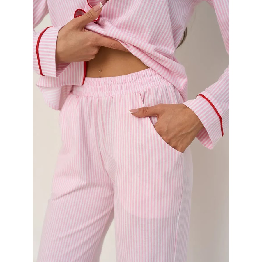 Women's Cotton Pajama Set with Long Sleeves and Striped Pattern Button-Front - Image 5