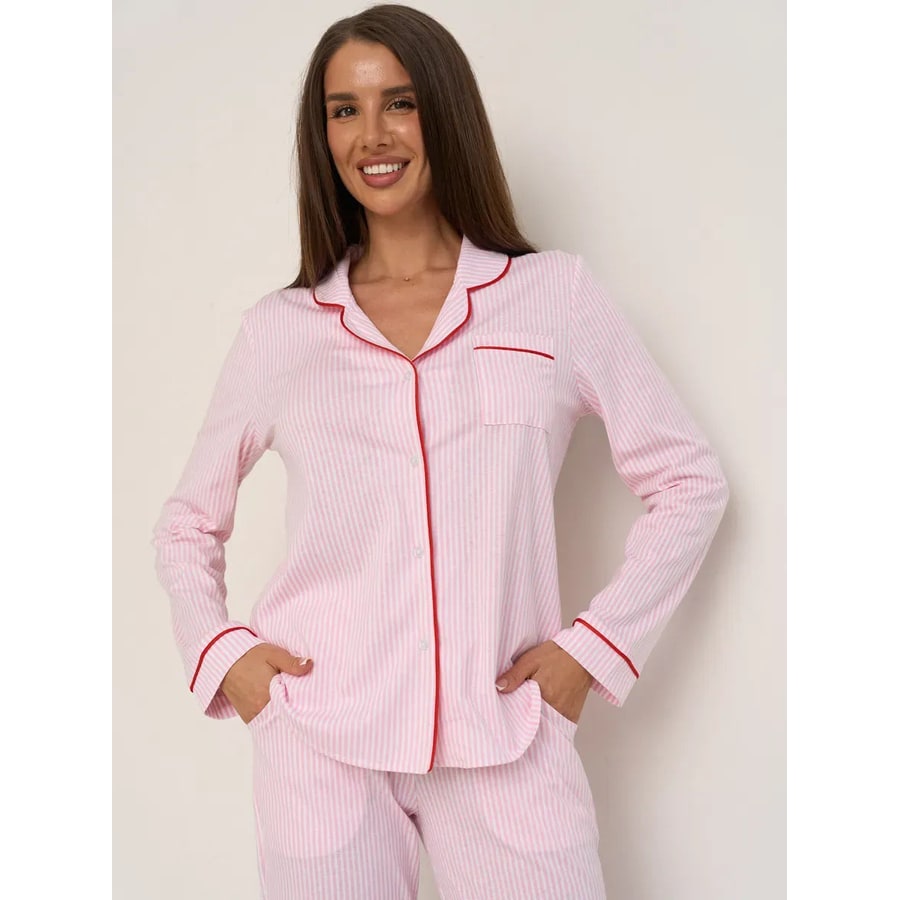 Women's Cotton Pajama Set with Long Sleeves and Striped Pattern Button-Front - Image 6