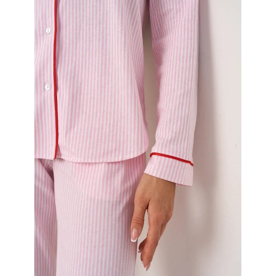 Women's Cotton Pajama Set with Long Sleeves and Striped Pattern Button-Front - Image 7