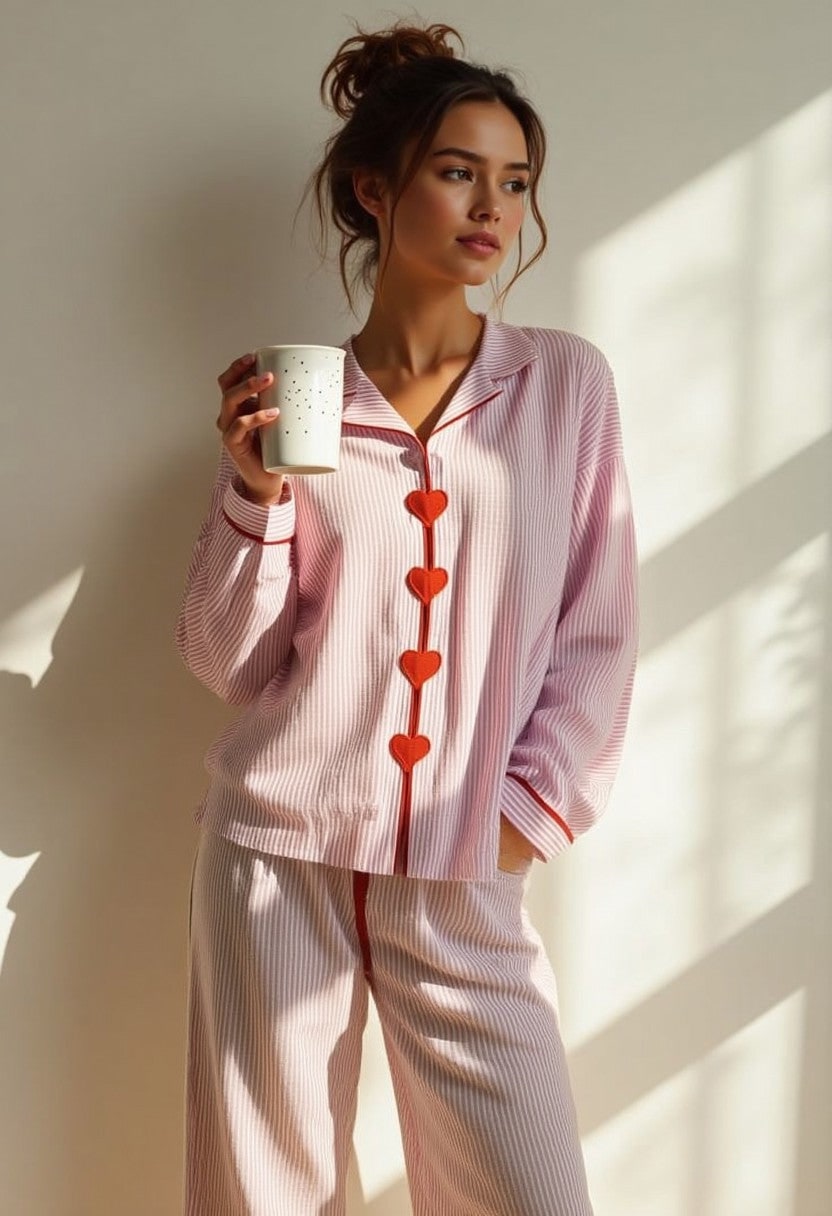 Women's Cotton Pajama Set with Striped Long Sleeve Top and Heart Button Closure - Image 1