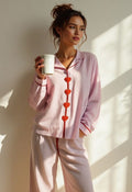 Women's Cotton Pajama Set with Striped Long Sleeve Top and Heart Button Closure - Image 1