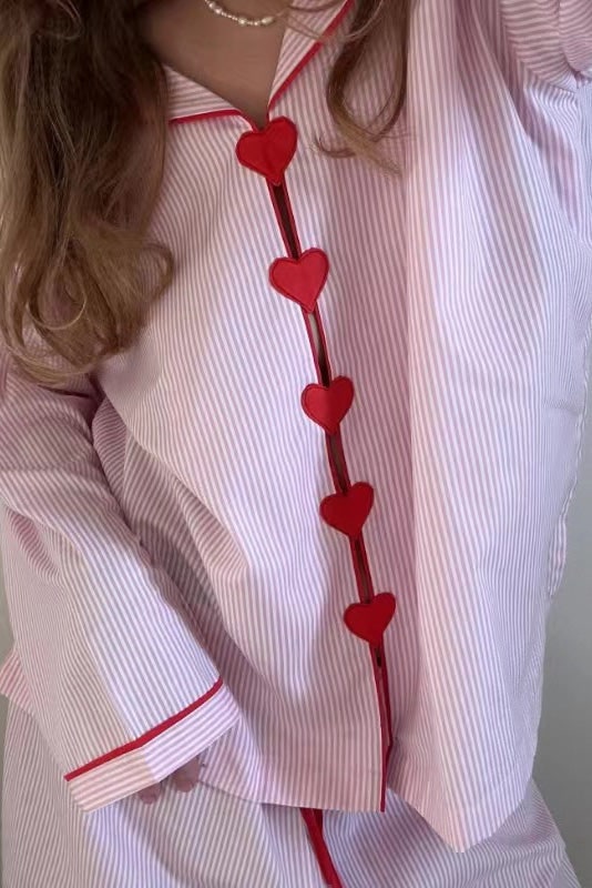 Women's Cotton Pajama Set with Striped Long Sleeve Top and Heart Button Closure - Image 2