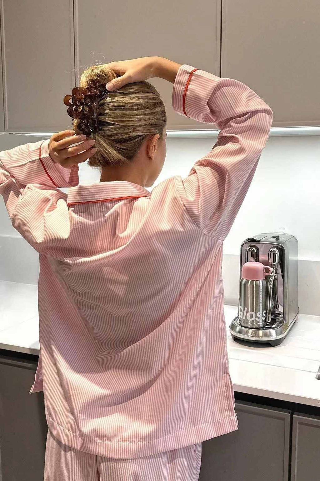 Women's Cotton Pajama Set with Striped Long Sleeve Top and Heart Button Closure - Image 3