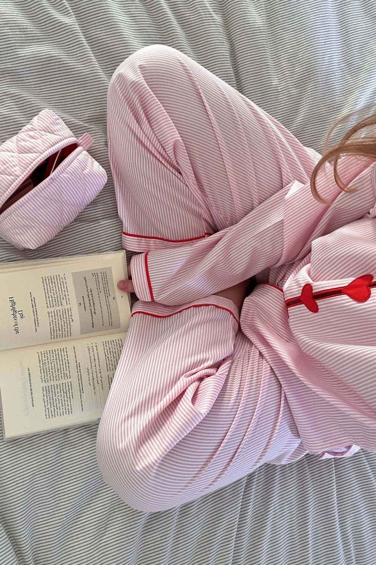 Women's Cotton Pajama Set with Striped Long Sleeve Top and Heart Button Closure - Image 6