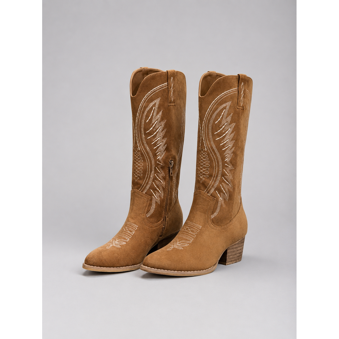 Women's Cowboy Western Boots Knee High Suede with Pointed Toe and Block Heel - Image 1