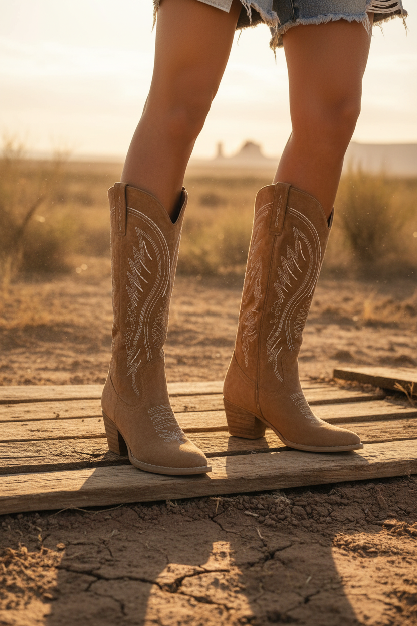 Women's Cowboy Western Boots Knee High Suede with Pointed Toe and Block Heel - Image 2