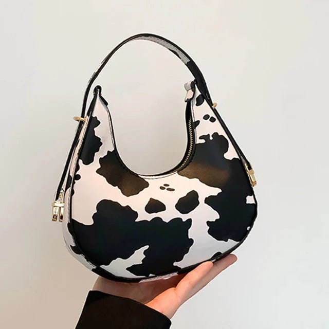 Women's Crescent Shoulder Bag with Animal Print and Zipper Closure - Image 1
