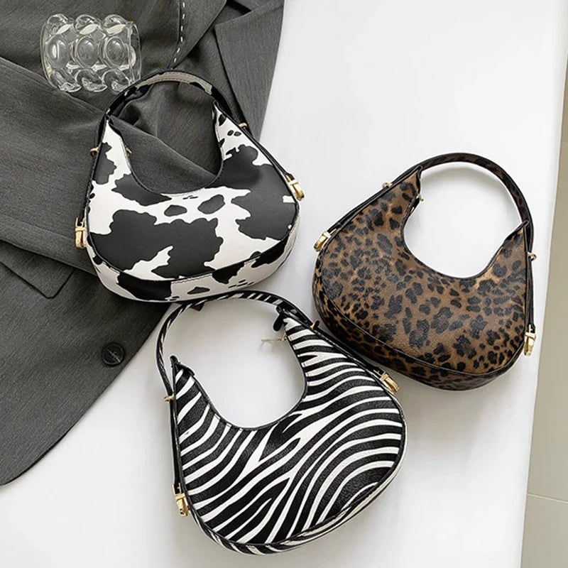 Women's Crescent Shoulder Bag with Animal Print and Zipper Closure - Image 10