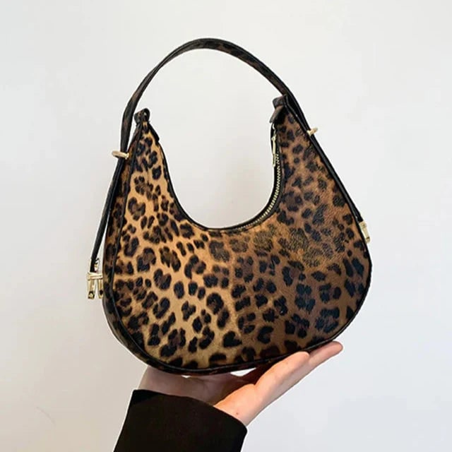 Women's Crescent Shoulder Bag with Animal Print and Zipper Closure - Image 4