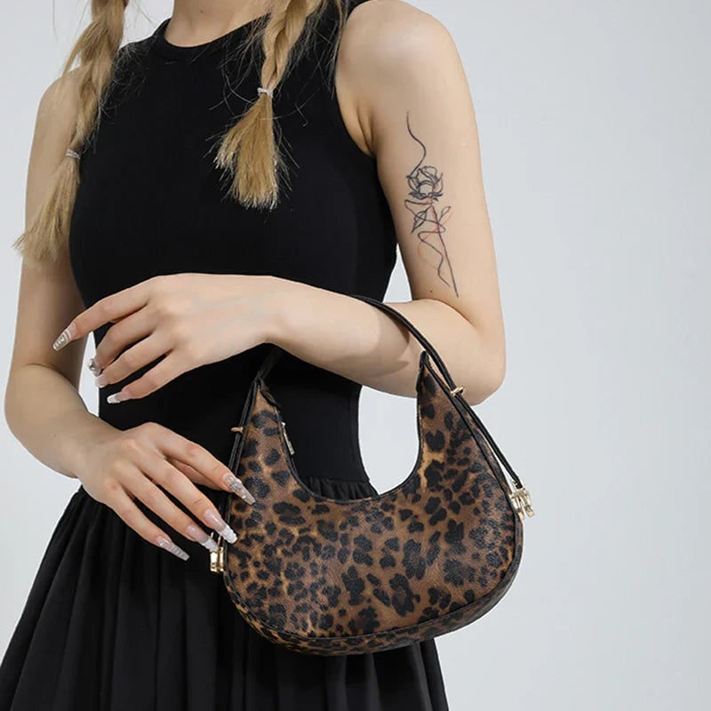 Women's Crescent Shoulder Bag with Animal Print and Zipper Closure - Image 5
