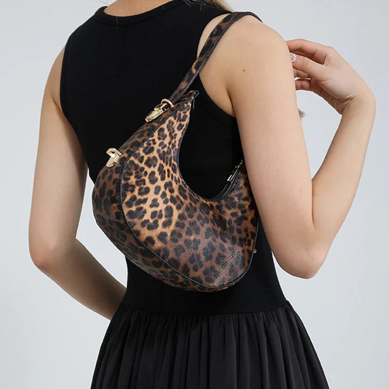 Women's Crescent Shoulder Bag with Animal Print and Zipper Closure - Image 6