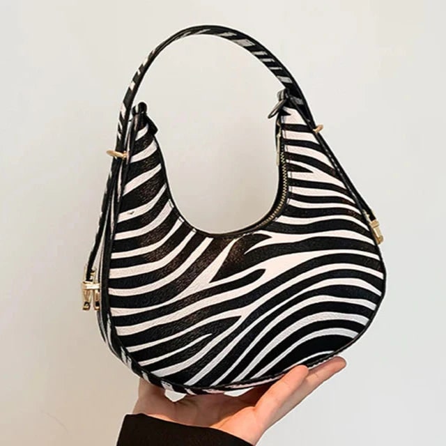 Women's Crescent Shoulder Bag with Animal Print and Zipper Closure - Image 7