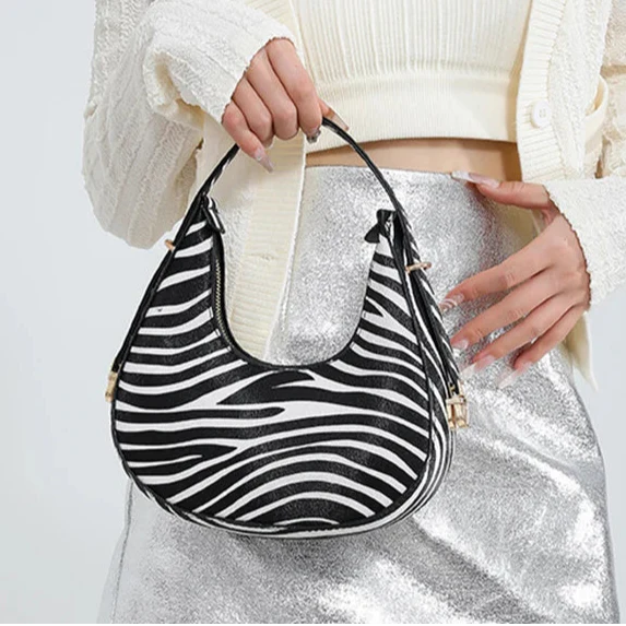 Women's Crescent Shoulder Bag with Animal Print and Zipper Closure - Image 8