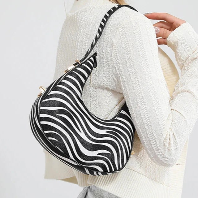Women's Crescent Shoulder Bag with Animal Print and Zipper Closure - Image 9