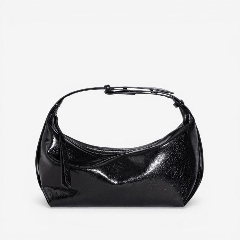 Women's Crescent Shoulder Bag with Glossy Crinkled Faux Leather and Adjustable Strap - Image 1
