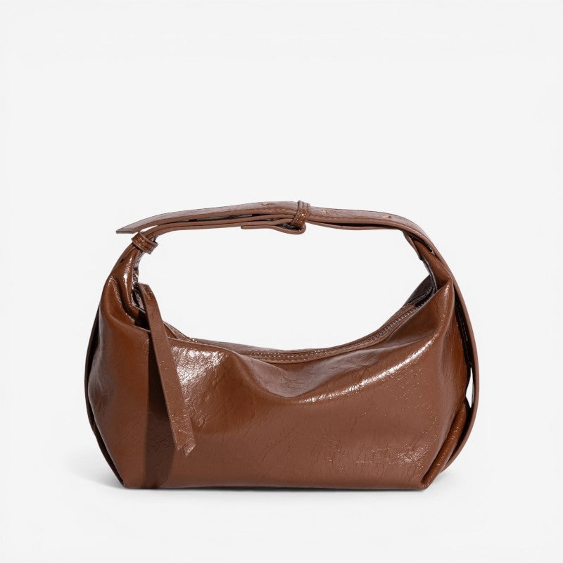 Women's Crescent Shoulder Bag with Glossy Crinkled Faux Leather and Adjustable Strap - Image 3