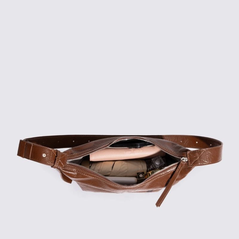 Women's Crescent Shoulder Bag with Glossy Crinkled Faux Leather and Adjustable Strap - Image 6