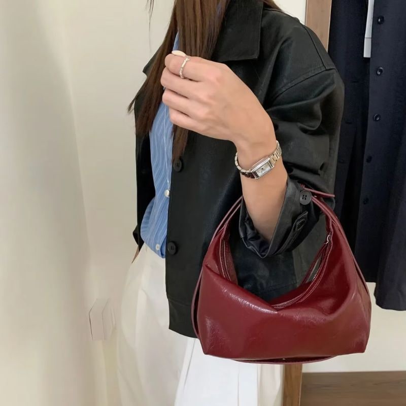 Women's Crescent Shoulder Bag with Glossy Crinkled Faux Leather and Adjustable Strap - Image 7