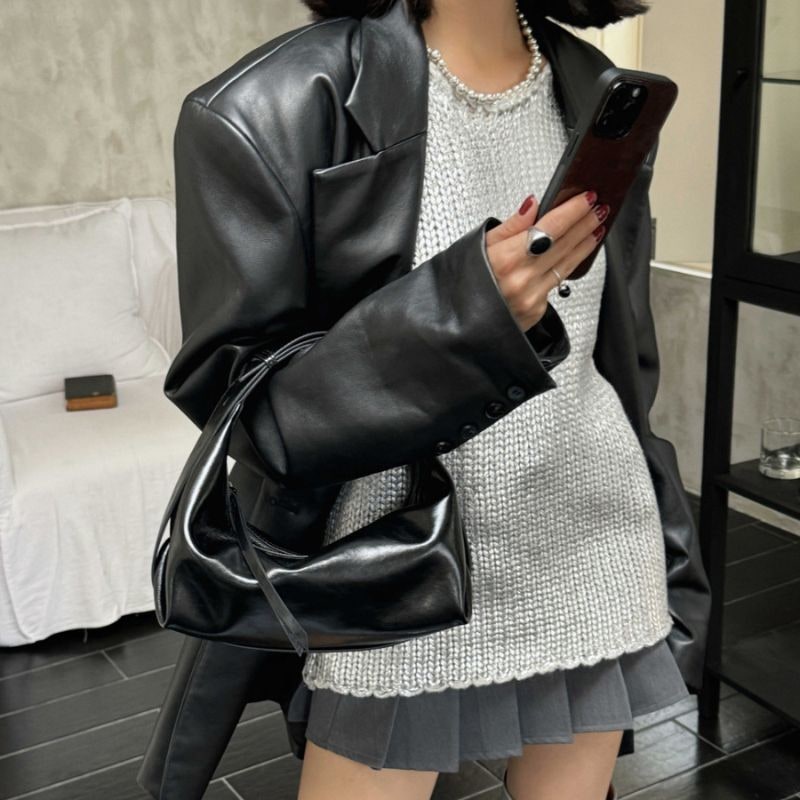Women's Crescent Shoulder Bag with Glossy Crinkled Faux Leather and Adjustable Strap - Image 8