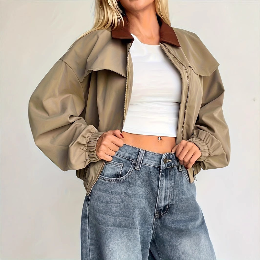 Women's Cropped Bomber Jacket with Contrast Collar and Elasticated Cuffs - Image 1