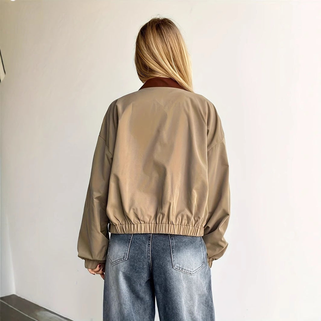 Women's Cropped Bomber Jacket with Contrast Collar and Elasticated Cuffs - Image 2