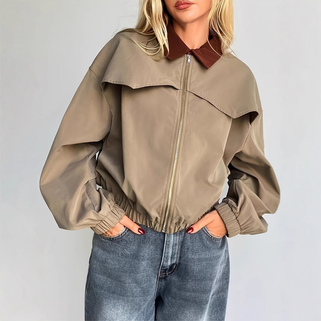 Women's Cropped Bomber Jacket with Contrast Collar and Elasticated Cuffs - Image 3