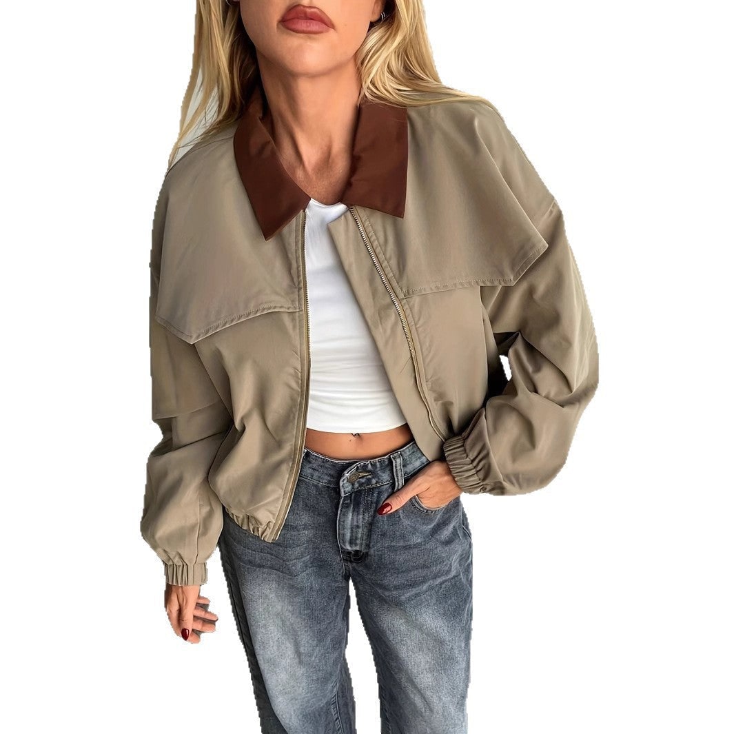 Women's Cropped Bomber Jacket with Contrast Collar and Elasticated Cuffs - Image 5
