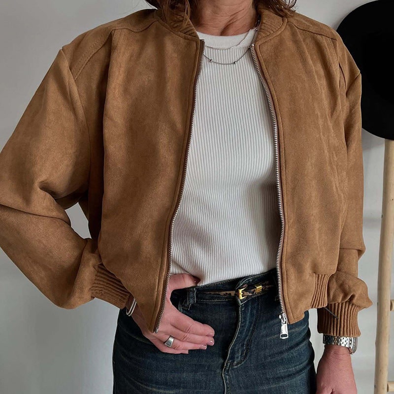 Women's Cropped Bomber Jacket with Faux Suede and Ribbed Trim - Image 1