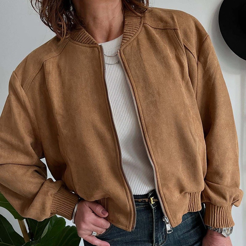 Women's Cropped Bomber Jacket with Faux Suede and Ribbed Trim - Image 2