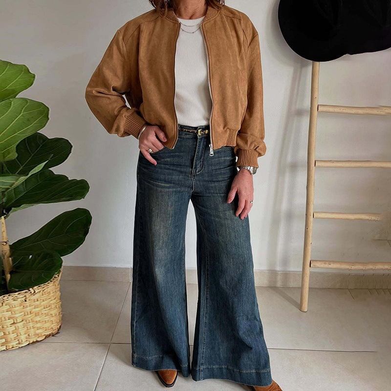 Women's Cropped Bomber Jacket with Faux Suede and Ribbed Trim - Image 3