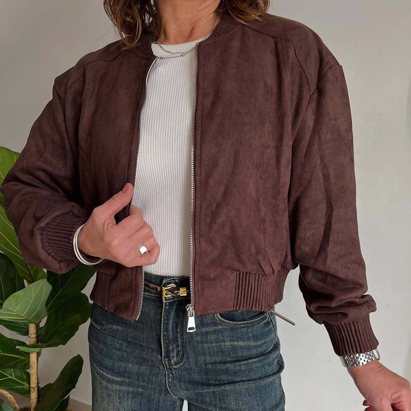 Women's Cropped Bomber Jacket with Faux Suede and Ribbed Trim - Image 4