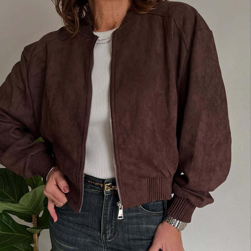 Women's Cropped Bomber Jacket with Faux Suede and Ribbed Trim - Image 5