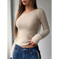 Women's Cropped Long Sleeve Knit Top with Fuzzy Texture and Crew Neck - Image 1