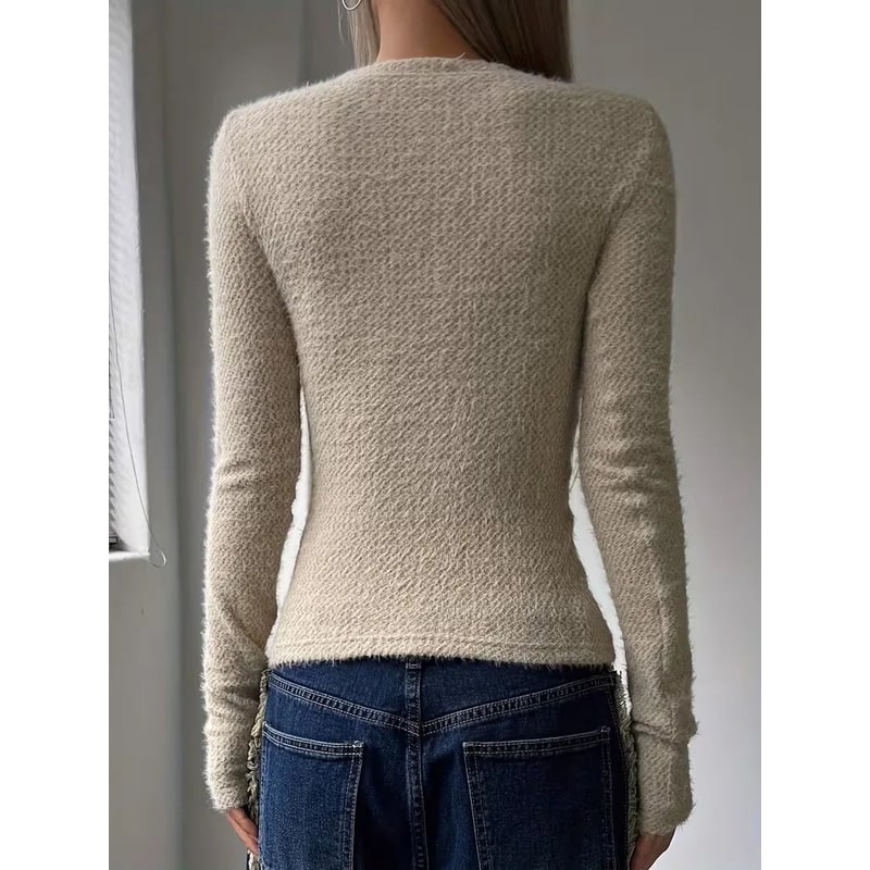Women's Cropped Long Sleeve Knit Top with Fuzzy Texture and Crew Neck - Image 3
