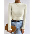 Women's Cropped Long Sleeve Waffle Knit Top with Crew Neck and Fitted Silhouette - Image 1