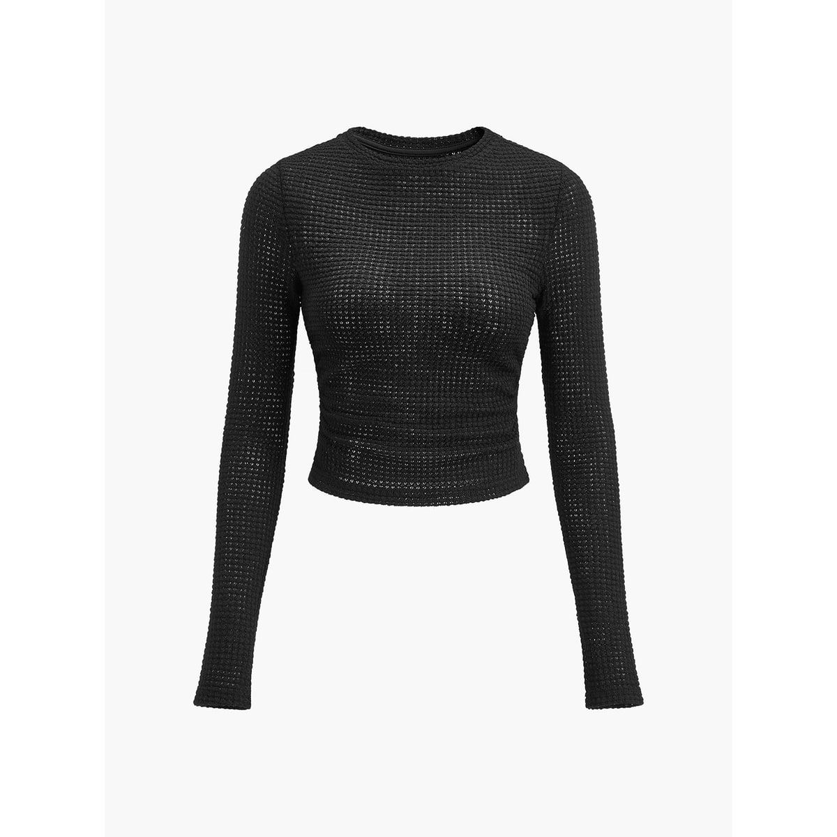 Women's Cropped Long Sleeve Waffle Knit Top with Crew Neck and Fitted Silhouette - Image 10